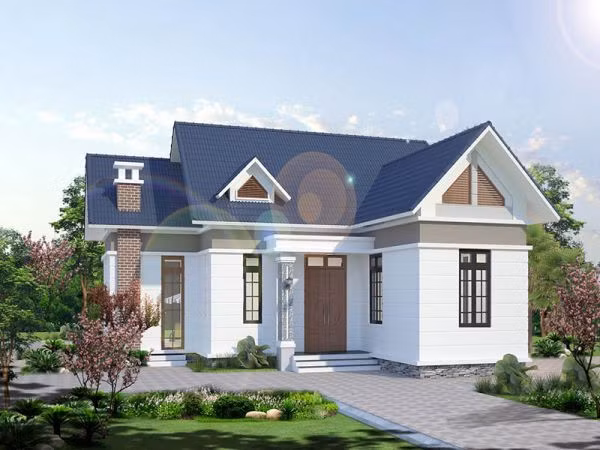 Mẫu nhà cấp 4 có 2 phòng ngủ mái thái sang trọng với tường ốp gạch. Tuy nhiên, nhà mái thái cần sự tỉ mỉ nên chi phí xây dựng cao hơn nhà mái tôn. Ảnh: Everon