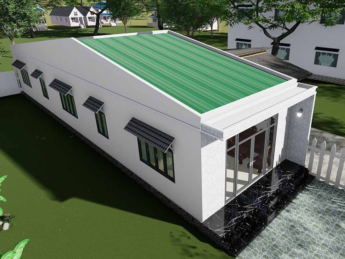 Mẫu nhà có thiết kế đơn giản, không có đường gờ hay phào chỉ kết hợp cùng mái tôn giật cấp tạo nên hình khối hài hòa. Ảnh: Everon