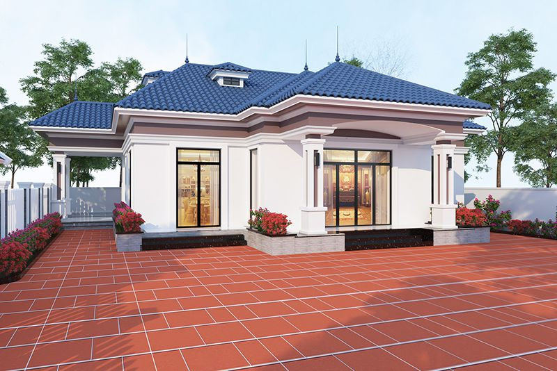 Mẫu biệt thự nhà vườn 1 tầng khoẻ khoắn với hệ cột vuông vức nằm đối xứng tại tiền sảnh. Ảnh: Wedo