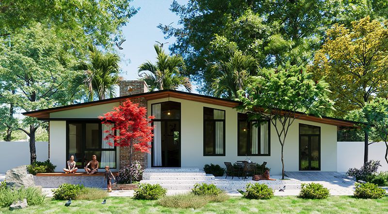 Bao quanh biệt thự là cây cối xanh mướt đem lại một tổng thể gần gũi, hài hòa với thiên nhiên. Ảnh: Wedo