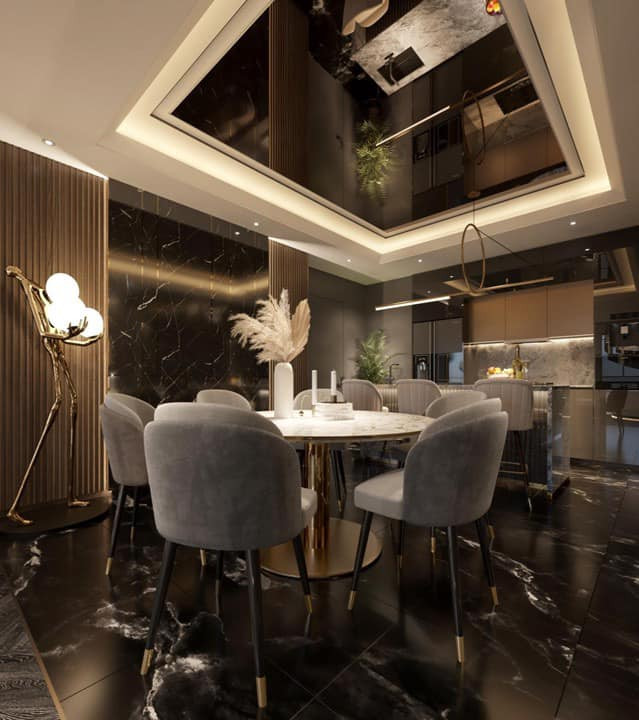 Phòng ăn với bộ bàn tròn hiện đại.