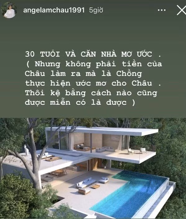 Angela Chu từng khiến dân tình tròn mắt khi khoe món quàn chồng tặng nhân dịp sinh nhật tuổi 30 là căn villa có view tuyệt đẹp. Ảnh: Instagram