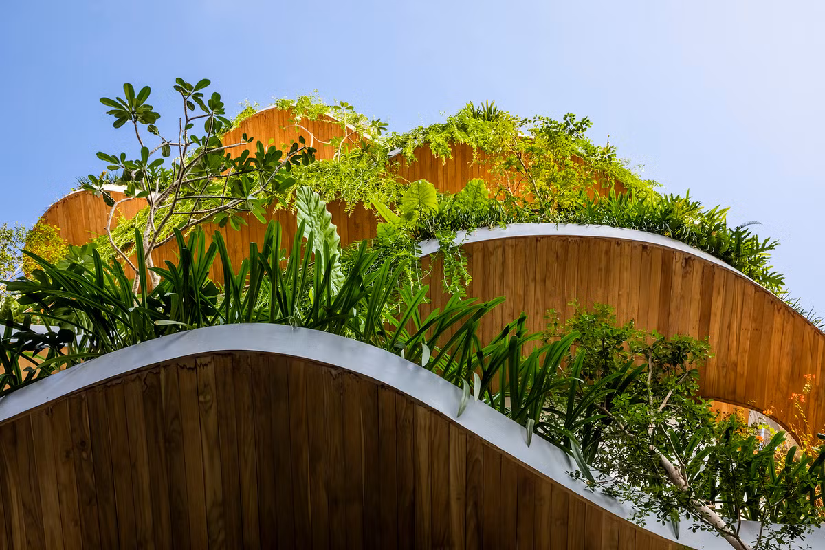 Khoảng trống giữa ban công tầng này được ưu tiên trồng các loại cây cao, mang lại không khí trong lành.