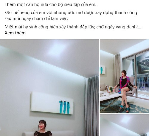 Trên trang cá nhân, Phi Thanh Vân hào hứng khoe vừa mua thêm căn hộ mới. Nữ diễn viên chia sẻ: "Thêm một căn hộ nữa cho bộ sưu tập của em. Đế chế riêng của em với những ước mơ được xây dựng thành công sau mỗi ngày chăm chỉ làm việc". Ảnh chụp màn hình