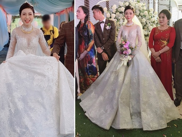 Trong đó, đáng chú ý nhất là bộ váy ren phồng khi cô dâu chú rể làm lễ, có giá lên tới 600 triệu đồng. Ảnh: Saostar