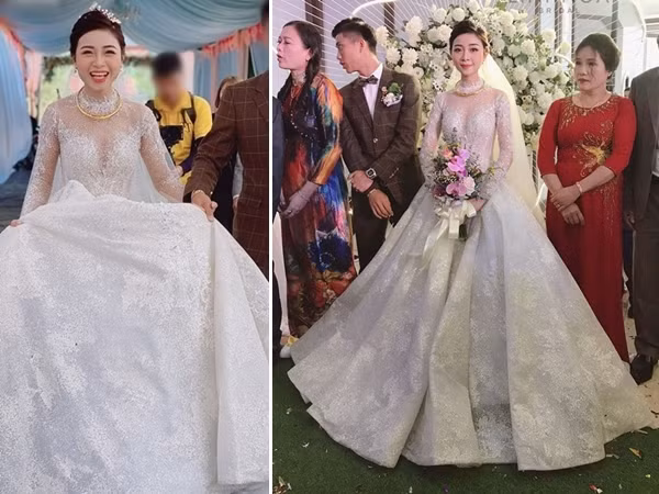 Trong đó, đáng chú ý nhất là bộ váy ren phồng khi cô dâu chú rể làm lễ, có giá lên tới 600 triệu đồng. Ảnh: Saostar
