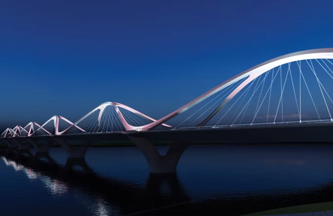 Mới đây, UBND TP Hà Nội đã chốt thiết kế cầu Trần Hưng Đạo. Phương án này đoạt giải nhất cuộc thi tuyển chọn kiến trúc cầu Trần Hưng Đạo do Ban Quản lý dự án đầu tư xây dựng công trình giao thông Hà Nội (chủ đầu tư) phối hợp với Hội Kiến trúc sư Việt Nam tổ chức hồi tháng 10/2021. Ảnh: Ban tổ chức cung cấp