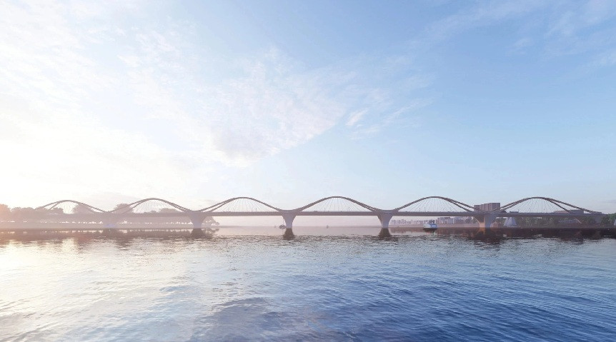 Đơn vị thiết kế từng giải thích, phương án kiến trúc cầu Trần Hưng Đạo lấy cảm hứng từ sự giao thoa giữa Hà Nội cổ kính và Hà Nội hiện đại hai bên bờ sông Hồng thông qua hình ảnh những làn sóng uốn lượn trên vòm cầu, tạo nên những vòng kết nối vô tận. Ảnh: Zing