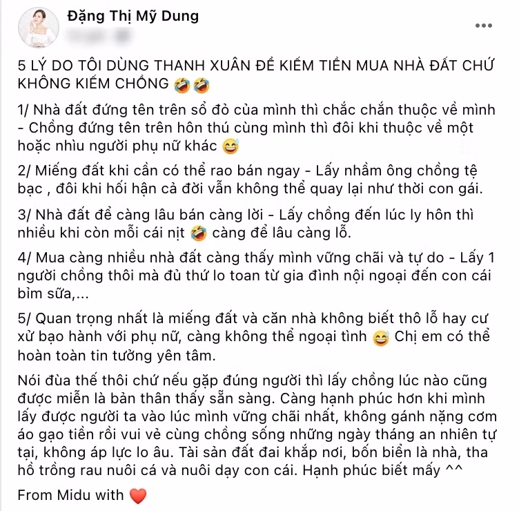 Trong khi đàn anh chia sẻ, Midu có mặt nhưng không hề phủ nhận thông tin. Trên mạng xã hội, cô không ngại đăng dòng trạng thái dài để nói về 5 lý do mình chỉ kiếm tiền mua nhà đất chứ không quan tâm chuyện chồng con. Ảnh: Chụp màn hình