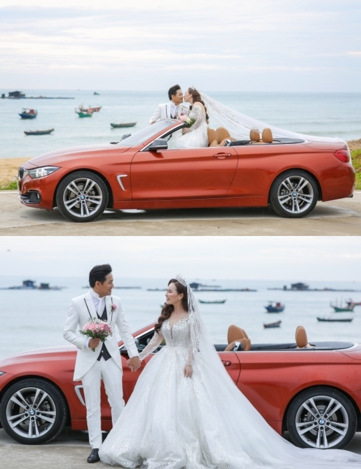 Quý Bình đưa bà xã đến nơi tổ chức tiệc cưới bằng chiếc siêu xe cực khủng. Điều này chứng minh độ giàu có và chịu chi của cặp đôi. Ảnh: FB Quý Bình