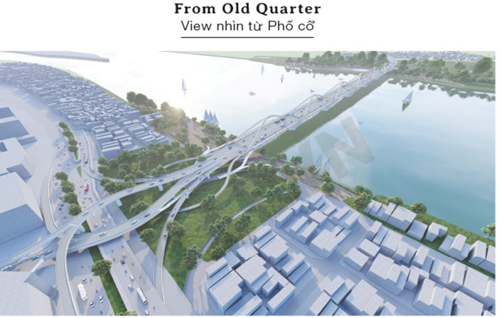  Phương án thiết kế cầu Trần Hưng Đạo có ý tưởng tạo nên một cây cầu biểu tượng mới của trung tâm Hà Nội với hai đường cong lượn sóng bên bờ sông Hồng, kết cấu vòm chính là 2 đường cong tiếp xúc nhau lặp lại 6 nhịp tạo hình mang biểu tượng vô cực. Ảnh: Tapchikientruc