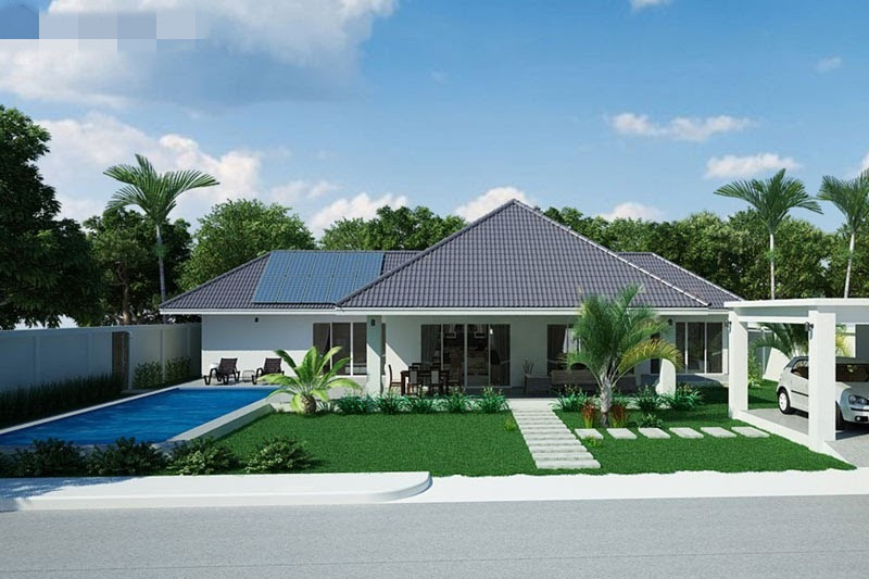 Mẫu nhà cấp 4 mái thái nổi bật với thiết kế bể bơi nằm dọc mặt tiền mới lạ. Ảnh: Nhadatmoi