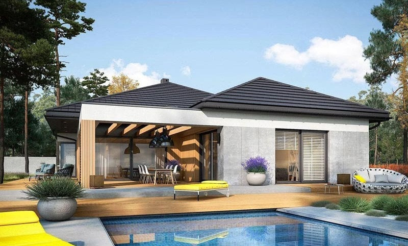 Mẫu nhà cấp 4 có bể bơi được thiết kế ngoại thất trẻ trung, năng động. Ảnh: Nhadatmoi