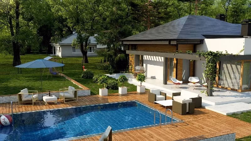 Nhà cấp 4 phong cách Nam Âu được tô điểm bởi một hồ bơi xinh đẹp bên cạnh. Ảnh: Htsport