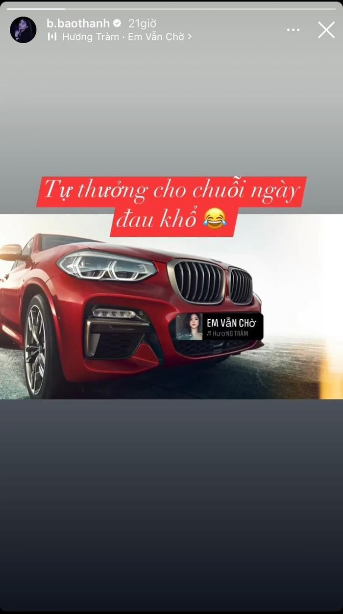 Mới đây, nữ diễn viên Bảo Thanh đăng tải trên story hình ảnh chiếc xe hơi sang trọng kèm chú thích: "Tự thưởng cho chuỗi ngày đau khổ". Có vẻ như Bảo Thanh chuẩn bị tậu thêm cho mình một chiếc xe hơi đời mới với màu đỏ bắt mắt. Được biết, dòng xe này có giá khoảng 5 tỷ đồng.