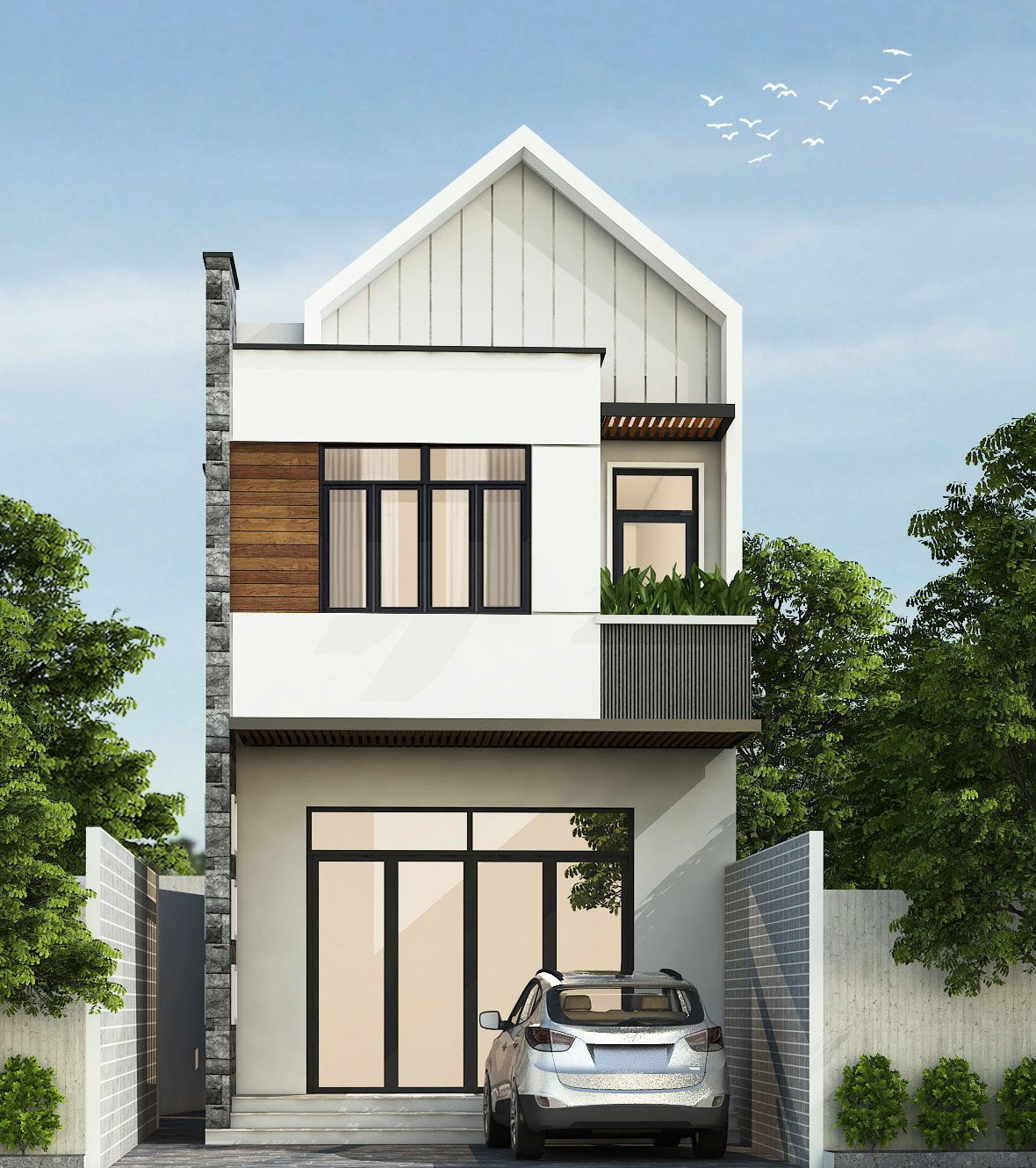 Ngôi nhà sử dụng tông màu trắng chủ đạo kết hợp vật liệu đá ốp cao cấp màu xám và nâu tôn thêm vẻ đẹp sang trọng. Ảnh: Wedo