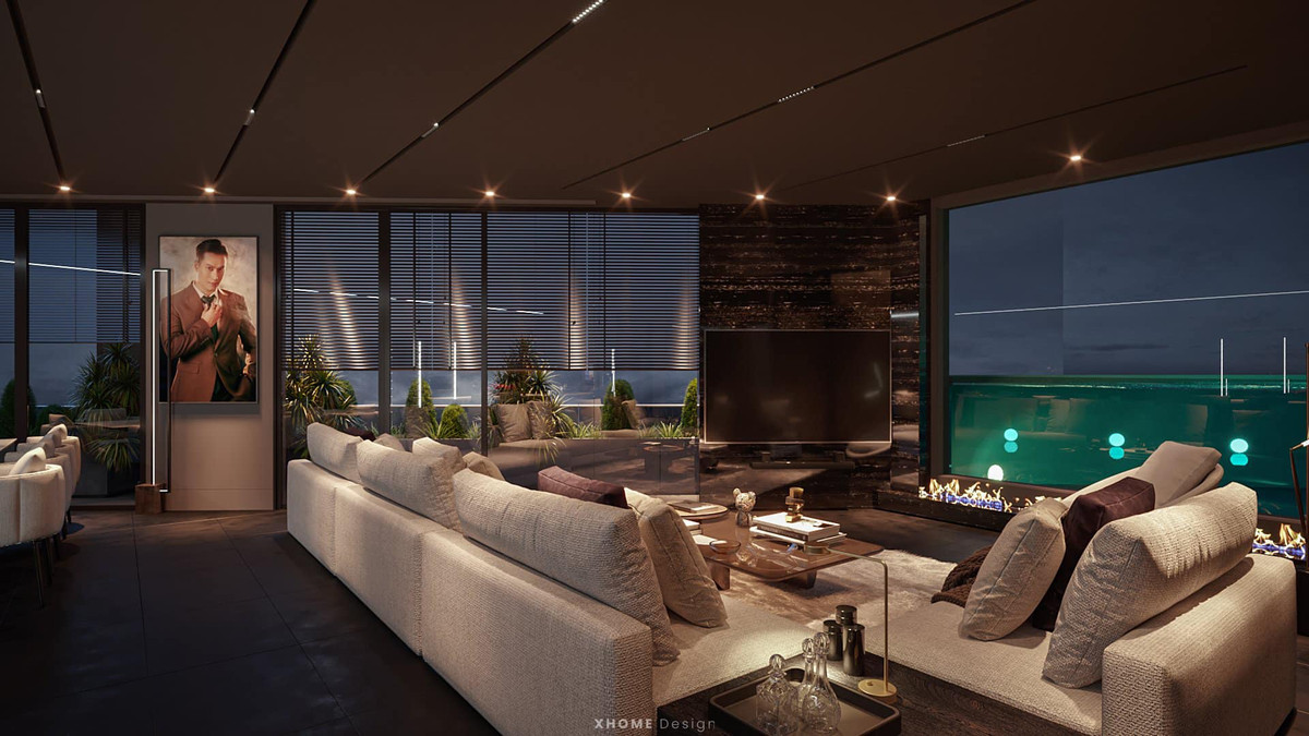 Phòng khách được trang trí bằng 2 tông màu ghi - trắng cực kỳ sang trọng.