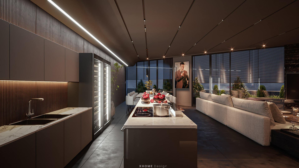 Phòng khách liền với bếp và bàn ăn tạo không gian ấm cúng, xa hoa không kém khách sạn.