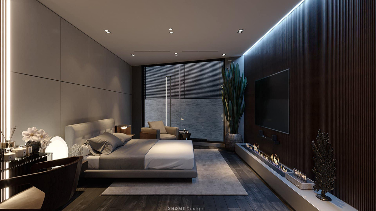 Phòng ngủ của Việt Anh có tông màu trầm chủ đạo.