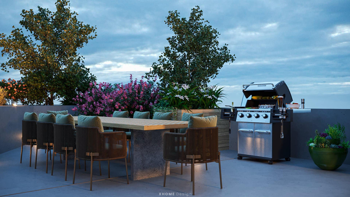 Trên sân thượng còn được đặt bếp nướng BBQ và trang bị thành bếp ăn ngoài trời.