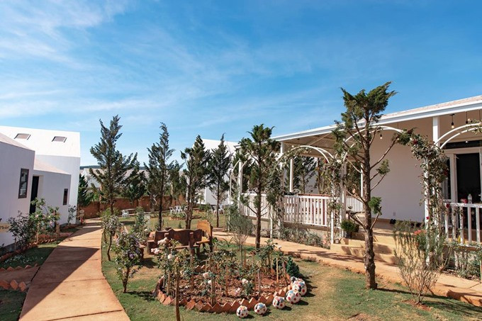 Các căn villa được thiết kế với phong cách chủ đạo là tối giản, chọn màu trắng và trang trí đơn sắc xen lẫn giữa những cây thông xanh rì.