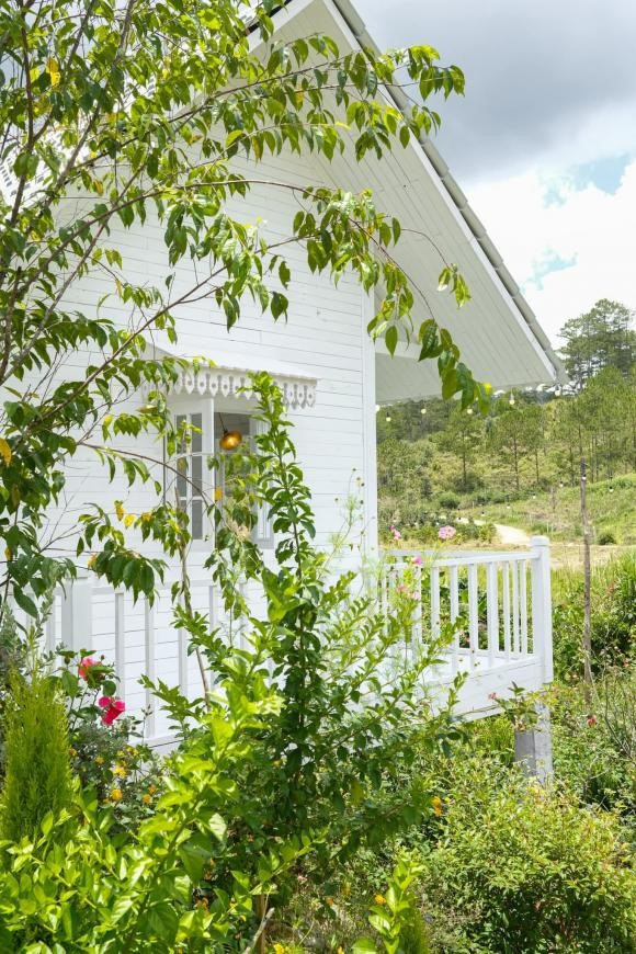 Bao quanh căn nhà là khu vườn nhỏ tràn ngập hoa tươi, suối chảy róc rách.