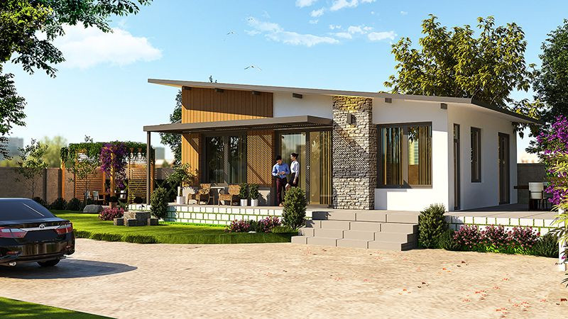 Mẫu nhà 1 tầng 3 phòng ngủ có cách thiết kế đơn giản với 2 màu sắc chủ đạo là trắng và nâu. Công trình khiến chúng ta liên tưởng đến những căn nhà vườn châu Âu xinh đẹp. Ảnh: Wedo