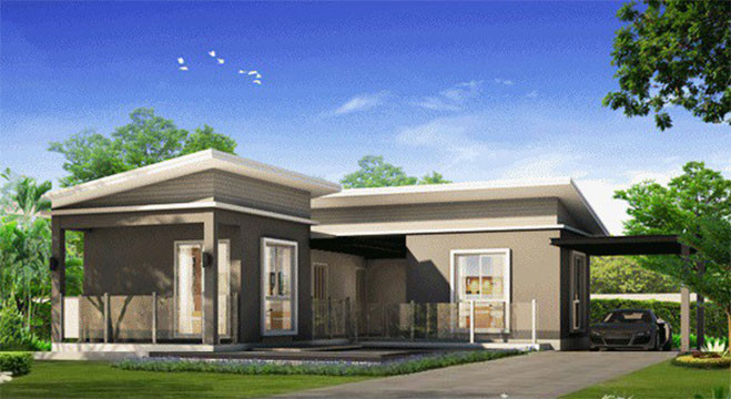 Nhà 1 tầng mái lệch nổi bật với các đường viền chỉ trắng tinh tế mang lại sự mới lạ, thú vị cho không gian. Ảnh: Kientrucroman