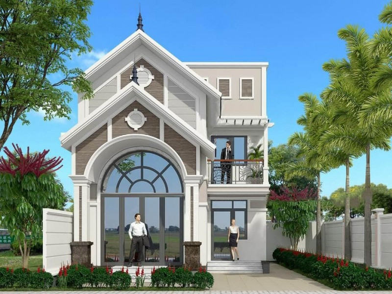 Dấu ấn của mẫu nhà này là khối hình học vuông vức, thiết kế cột vuông nâng đỡ và sử dụng phào chỉ ngoài mặt tiền. Ảnh: Thongtinduan