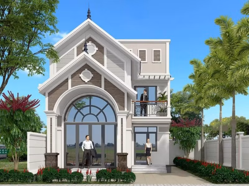 Dấu ấn của mẫu nhà này là khối hình học vuông vức, thiết kế cột vuông nâng đỡ và sử dụng phào chỉ ngoài mặt tiền. Ảnh: Thongtinduan