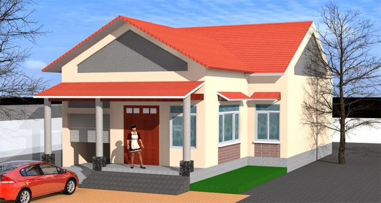 Nhà cấp 4 chữ L được thiết kế thêm 1 gara có cửa sập bên hông. Sảnh chính thiết kế rộng và có cửa ra vào bằng gỗ. Ảnh: Homemy