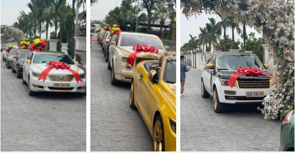 Dàn siêu xe mạ vàng xuất hiện trong bữa tiệc kỷ niệm ngày cưới khiến nhiều người trầm trồ. Ảnh chụp màn hình