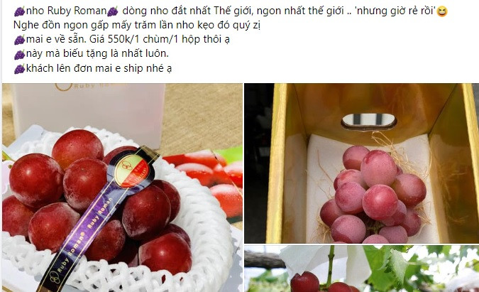Tuy nhiên, thời gian gần đây, nho Ruby Roman giá rẻ bất ngờ được rao bán nhiều trên chợ mạng. Ảnh chụp màn hình