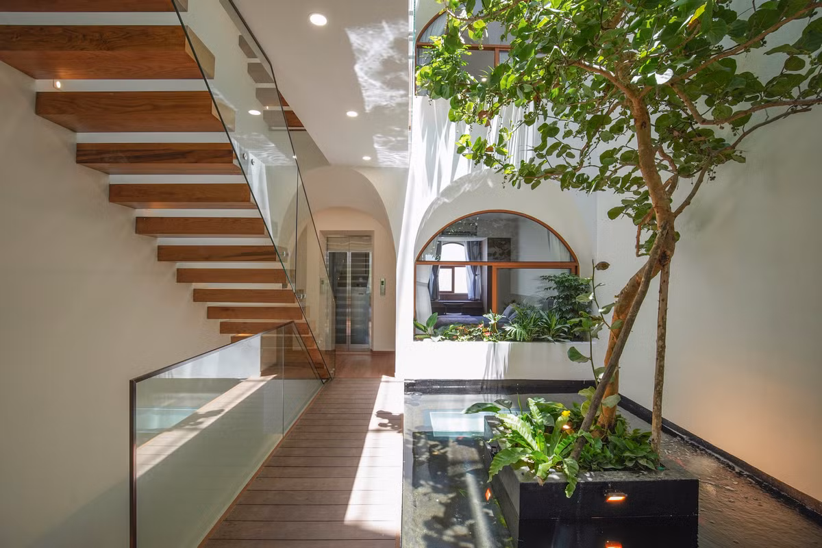 Giữa hai khu vực phòng khách, phòng ngủ là hồ cá và không gian cây xanh gần gũi với thiên nhiên hơn.