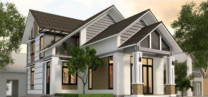 Mẫu nhà cấp 4 mái thái giật cấp có gác lửng ấn tượng với cảnh sắc xanh mát. Ảnh: Kientrucxaydung