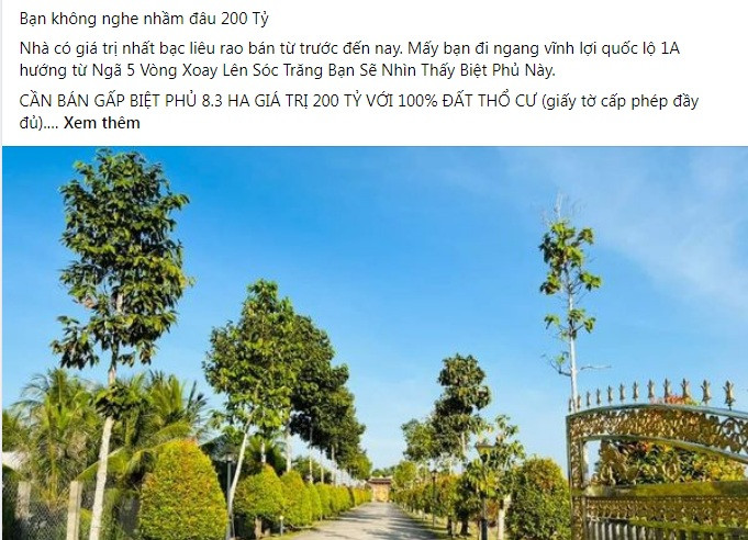 Mới đây, thông tin một căn biệt phủ rộng tới 8,3 ha ở Bạc Liêu được rao bán trên các sàn bất động sản và mạng xã hội khiến dân tình xôn xao.