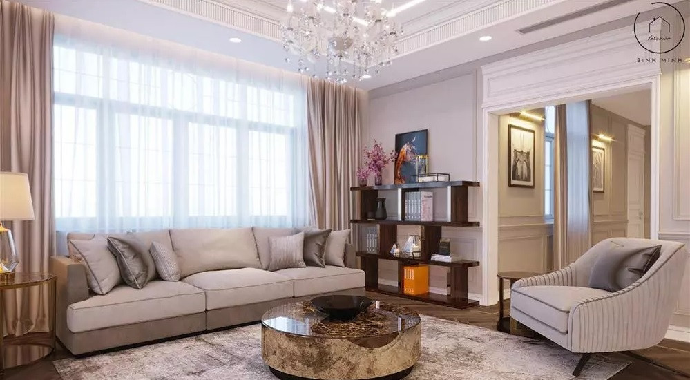 Không gian tiếp khách rộng rãi với nội thất hiện đại.