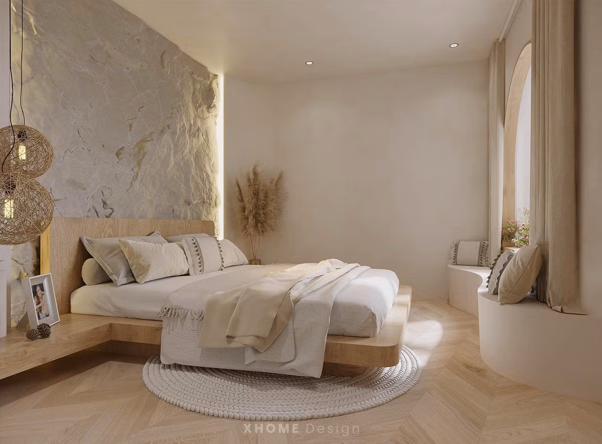 Phòng ngủ của diễn viên Huyền Lizzie mang phong cách tối giản, sang trọng với đèn vàng chìm trong tường. Ảnh: FB Phan Minh Huyền