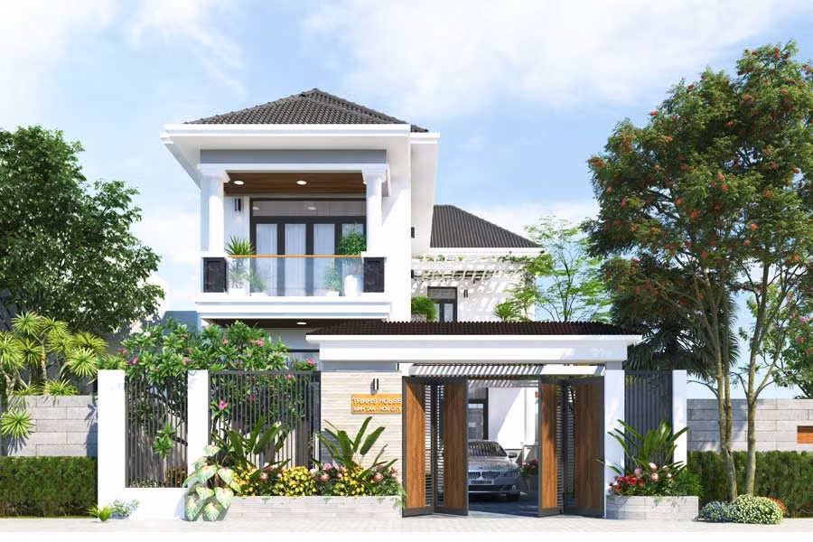 Biệt thự 2 tầng đậm dấu ấn kiến trúc hiện đại khi ưu tiên sử dụng hệ thống khối hình, đường nét khỏe khoắn. Ảnh: Wedo