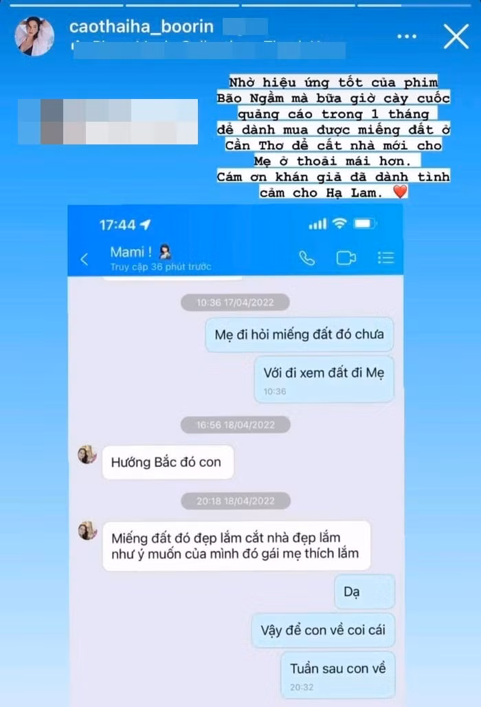 Theo đó, nữ diễn viên viết: “Nhờ hiệu ứng tốt của phim Bão ngầm mà bữa giờ cày cuốc quảng cáo trong một tháng để dành mua được miếng đất ở Cần Thơ để cất nhà mới cho Mẹ ở thoải mái hơn”. Ảnh chụp màn hình