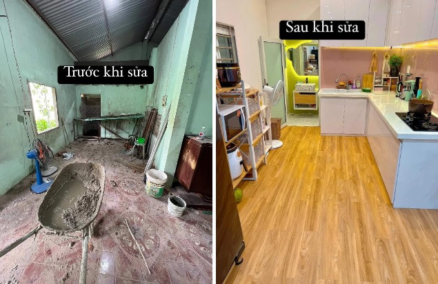 Thay vì dùng sàn bằng đá, gia chủ lựa chọn sàn gỗ với gam màu trung tính.