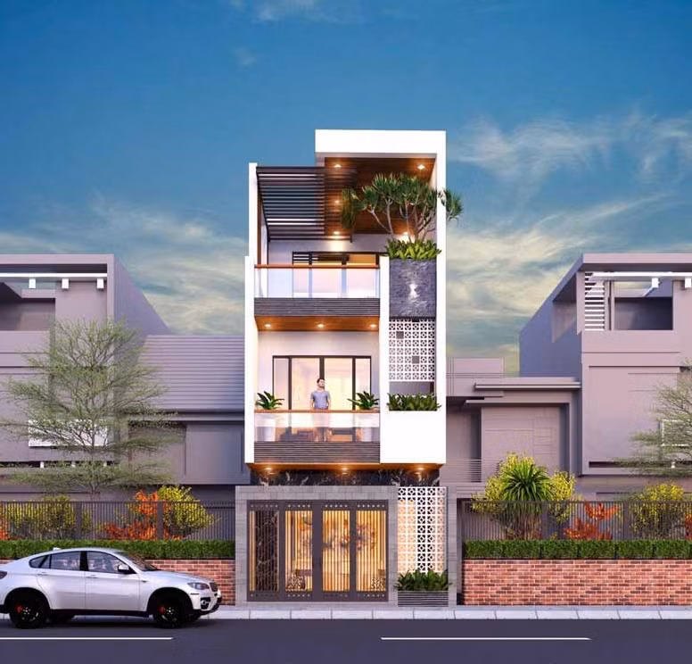 Mẫu nhà ống 3 tầng hiện đại với mặt tiền rộng rãi, từng đường nét thiết kế vuông vắn, toát lên phong cách đẳng cấp, sang trọng.
