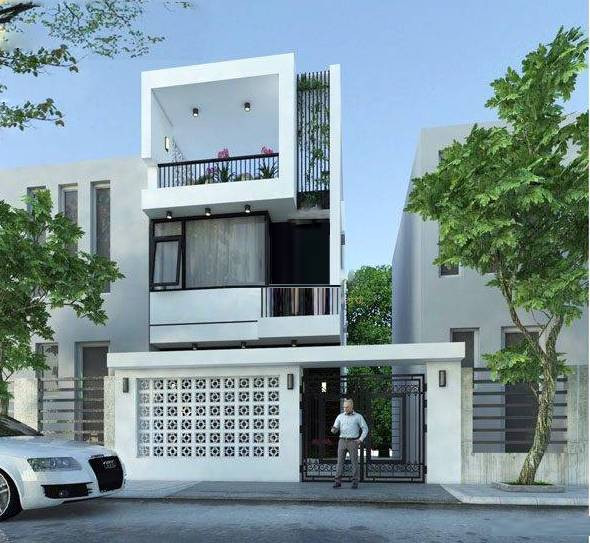 Mặt tiền ngôi nhà với hình khối đơn giản, được thiết kế giật cấp tạo điểm nhấn độc đáo. Ảnh: Wedo