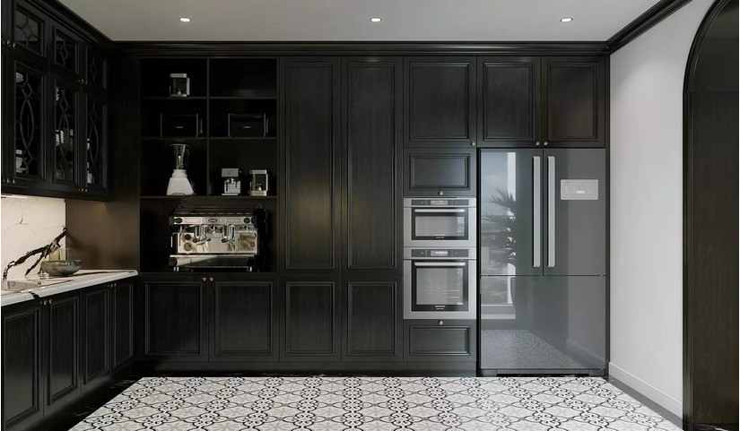 Khu bếp nổi bật với gam màu tối.