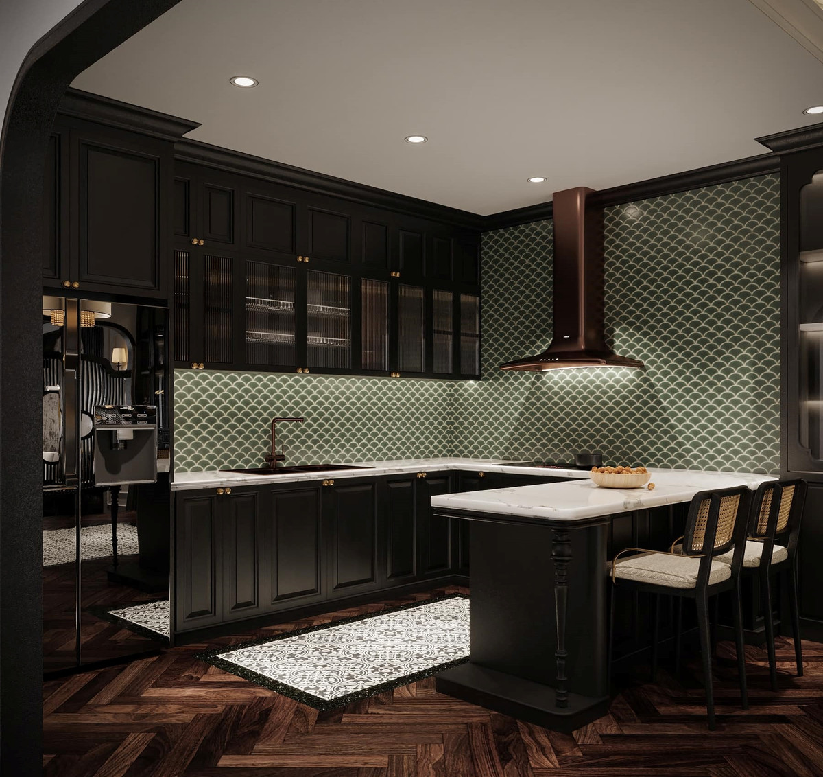 Phòng bếp sử dụng gam màu trầm sang trọng.