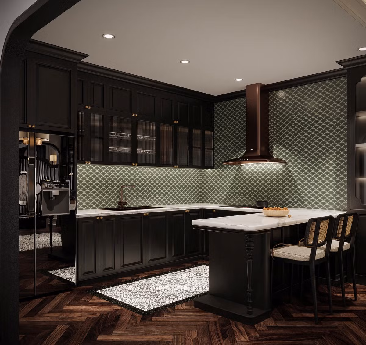 Phòng bếp sử dụng gam màu trầm sang trọng.