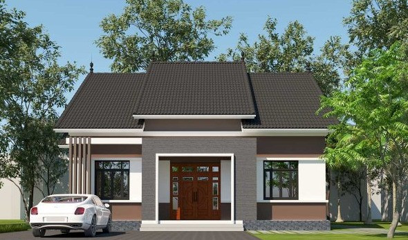 Mẫu nhà cấp 4 9x12m nổi bật với các tầng mái thiết kế đẹp mắt. Sân vườn rộng rãi giúp không gian nhà thoáng mát và có nhiều diện tích sinh hoạt. Ảnh: Thietkethicongnhadep