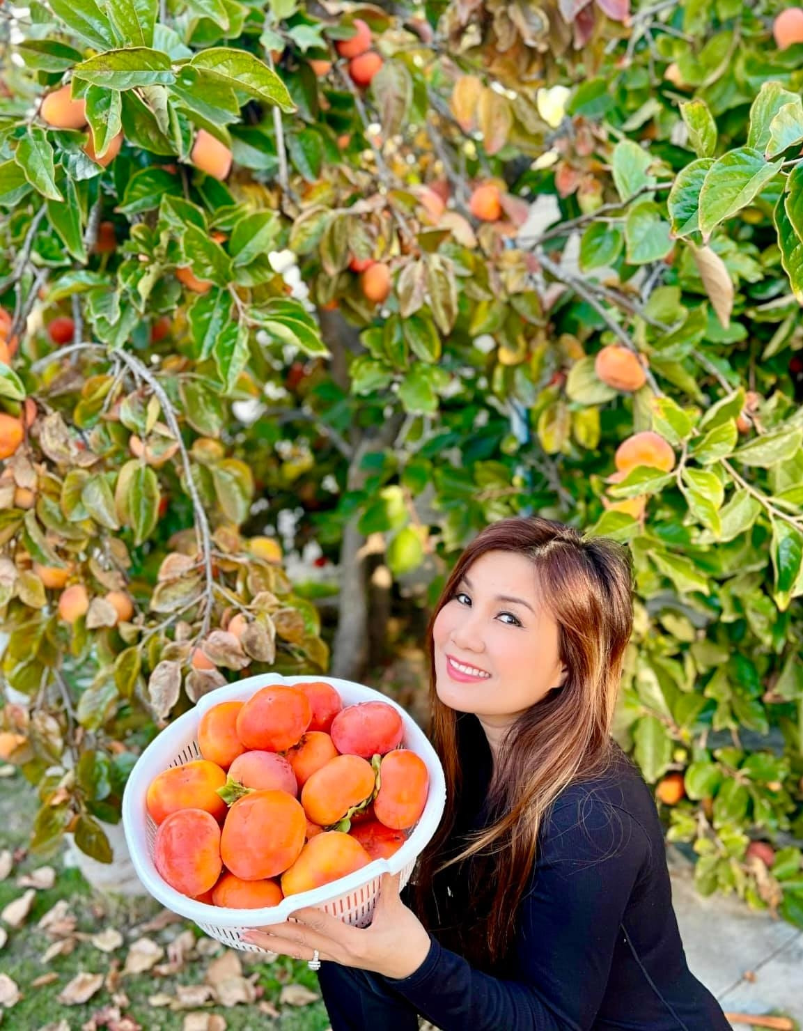 Ca sĩ Hạ Vy khoe rổ đầy quả vừa mới thu hoạch.