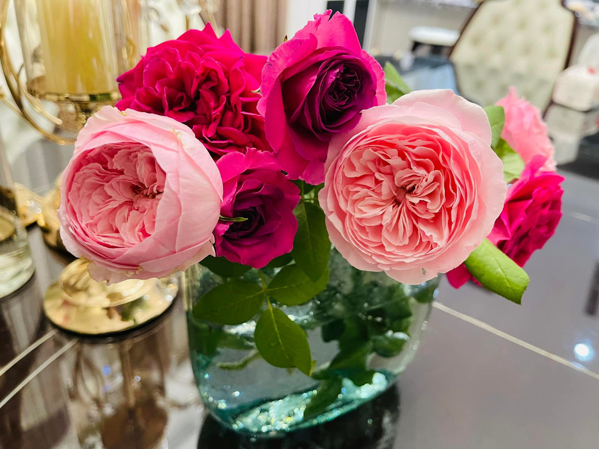 Hoa đủ màu sắc được nữ MC trang trí bên trong nhà.