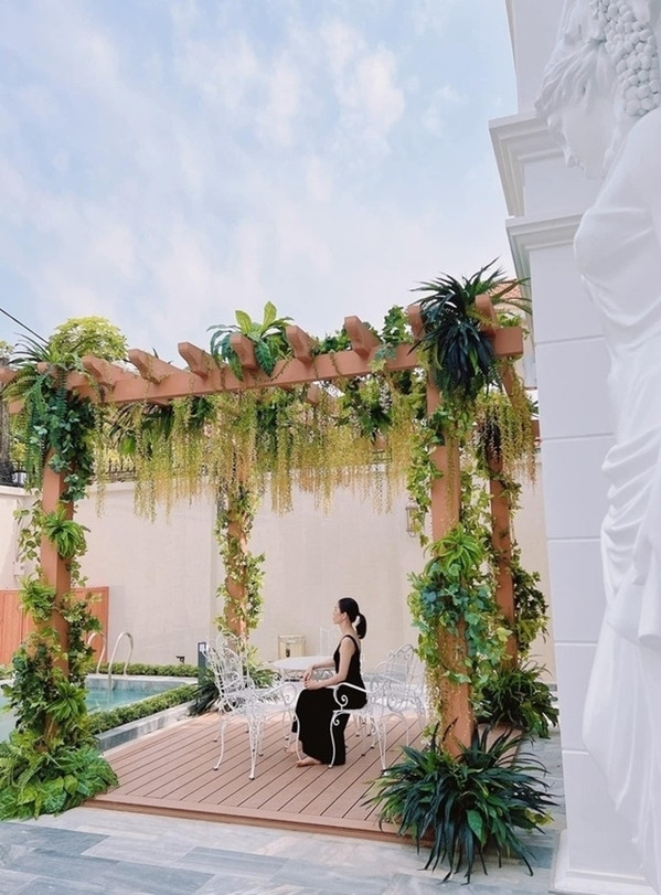 Sau khi hoàn thiện căn nhà, Lệ Quyên bị một người lạ mặt tung bán bản thiết kế nhà lên mạng với giá 3,6 tỷ đồng. Tuy nhiên, nữ ca sĩ đáp trả thẳng thắn rằng số tiền đó không đủ để mua chiếc cổng trong nhà của cô. Ảnh: FBNV